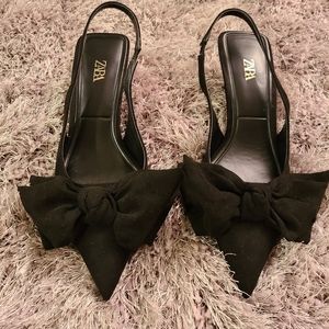 Zara Bow Slingback Kitten Heels Sz 37 (6.5-7) Black